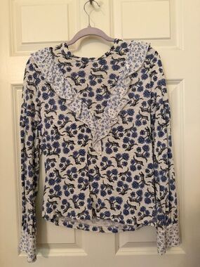 Goldie White and Blue Floral Ruffle V-Neck Blouse